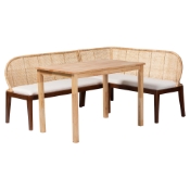 bali & pari Okinawa 3-Piece Dining Nook Set - L-Shaped Rattan Corner Benches with Cushions and Solid Wood Rectangular Table, Boho Coastal Breakfast Banquette for Kitchen or Dining Area